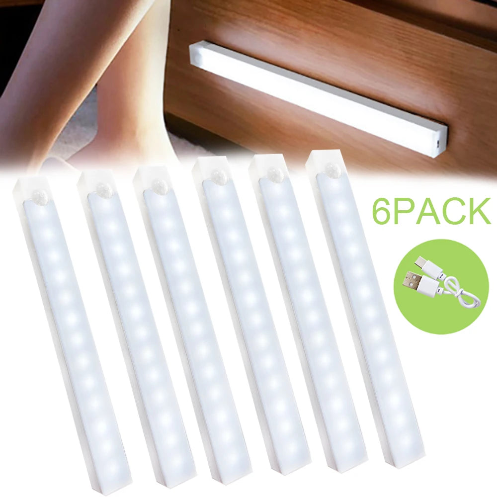 6pcs/Pack Motion Sensor Night Light ,Wireless Type C Rechargeable Lamp for Kitchen Cabinet Bedroom Wardrobe Staircase Light